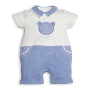 Babypakje - Barboteuse - korte mouwen - met berenkopje - Wit/Blauw