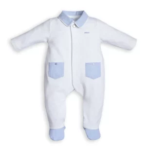 Babypakje - met voetjes - met zakjes en kraagje lichtblauw - Wit