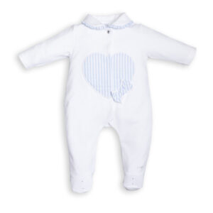 Babypakje - met voetjes - met hartje en strik lichtblauw gestreept - Wit