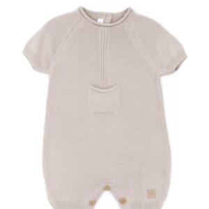 Romper with front pocket - Short Sleeves & Shorts - Bottom opening - wooden buttons - Camel COPY