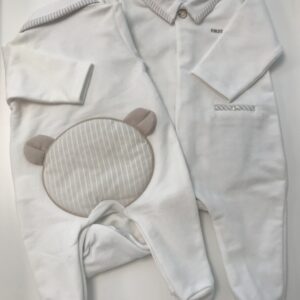 Babypakje - met voetjes - met Teddy achteraan beige gestreept - Wit