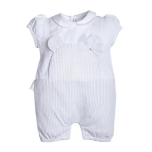 Babypakje - zonder voetjes -korte mouwen - short combi gestreept met oortjes & strikje - Beige/Wit