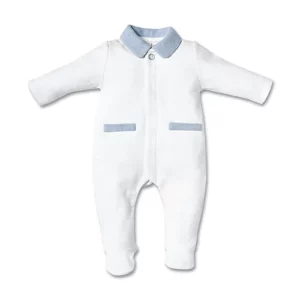 Babypakje - met voetjes - met teddy in tricot achteraan - Wit/Lichtblauw