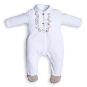 Babypakje - met voetjes - in fluweel - met beige frul - Wit