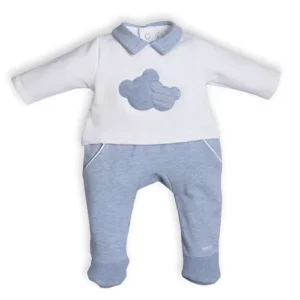 Babypakje - met voetjes - met 2 teddy hoofdjes vooraan - Wit/Azzuro