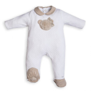 Babypakje - met voetjes - met berenkopje in pels en strikje - Wit/ Beige