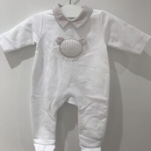 Babypakje - met voetjes - met gestreept berenkopje vooraan - Wit/Beige