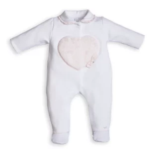 Babypakje - met voetjes - met hart in pels vooraan - Wit/Roze