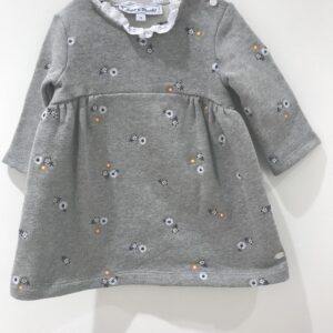 Jurk - lange mouwen in sweaterstof met geborduurde bloemetjes - wit kraagje in broderie - Grijs