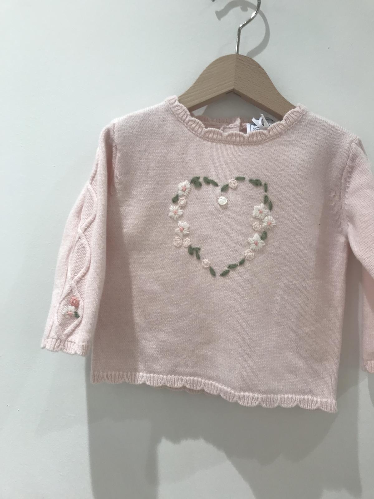Trui - in tricot - hartje in bloemetjes geborduurd - Roze