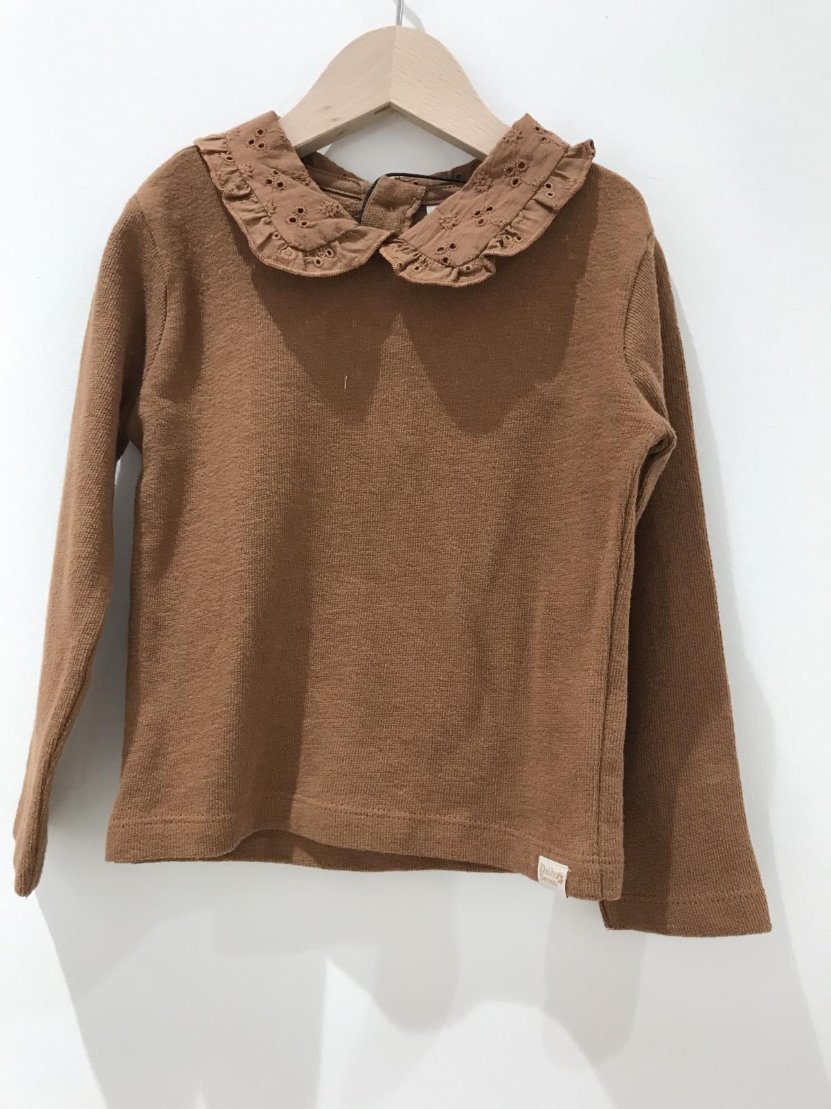 T-shirt - lange mouwen - met kraagje in broderie - Tawny Brown