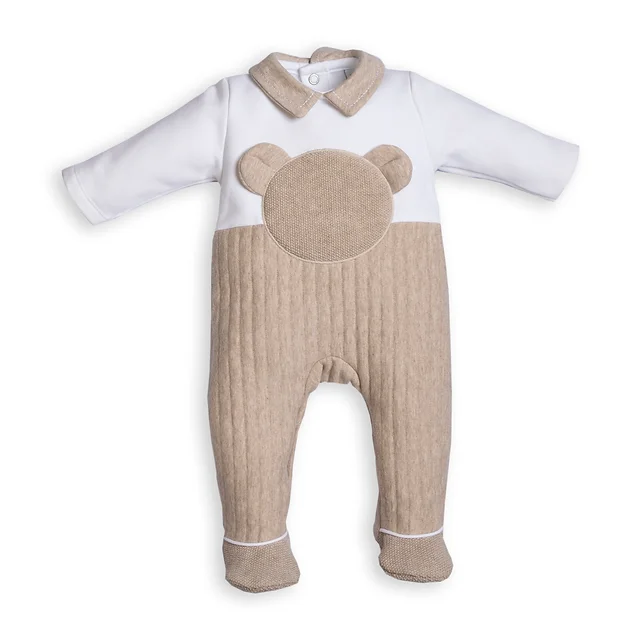 Babypakje - met voetjes - met teddy hoofd en broek geribbeld - Wit/Beige