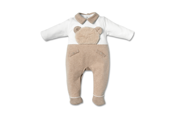 Babypakje - met voetjes - met teddy vooraan in pels - Wit/Beige
