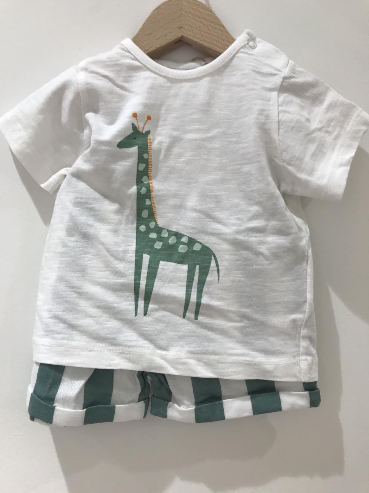 Short - gestreept Groen/Ecru + T-shirt - korte mouwen - met Giraf - Ecru