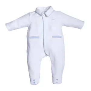 Babypakje - met voetjes - met teddy blauw gestreept achteraan - Wit/Blauw