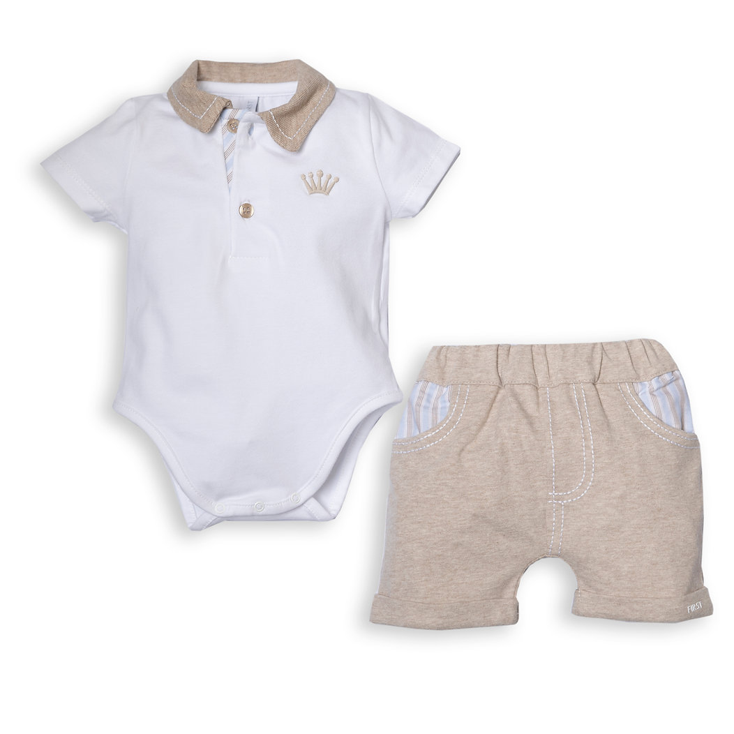 Set 2-delig - shortje + Body polo model - Wt/Beige/Blauw