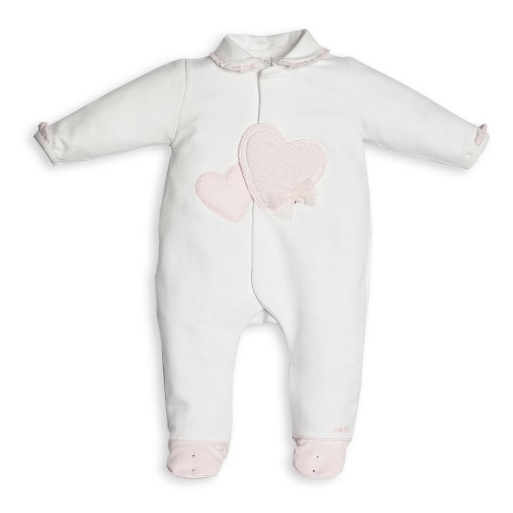 Babypakje - met voetjes - met 2 hartjes en strikje - Wit/Roze