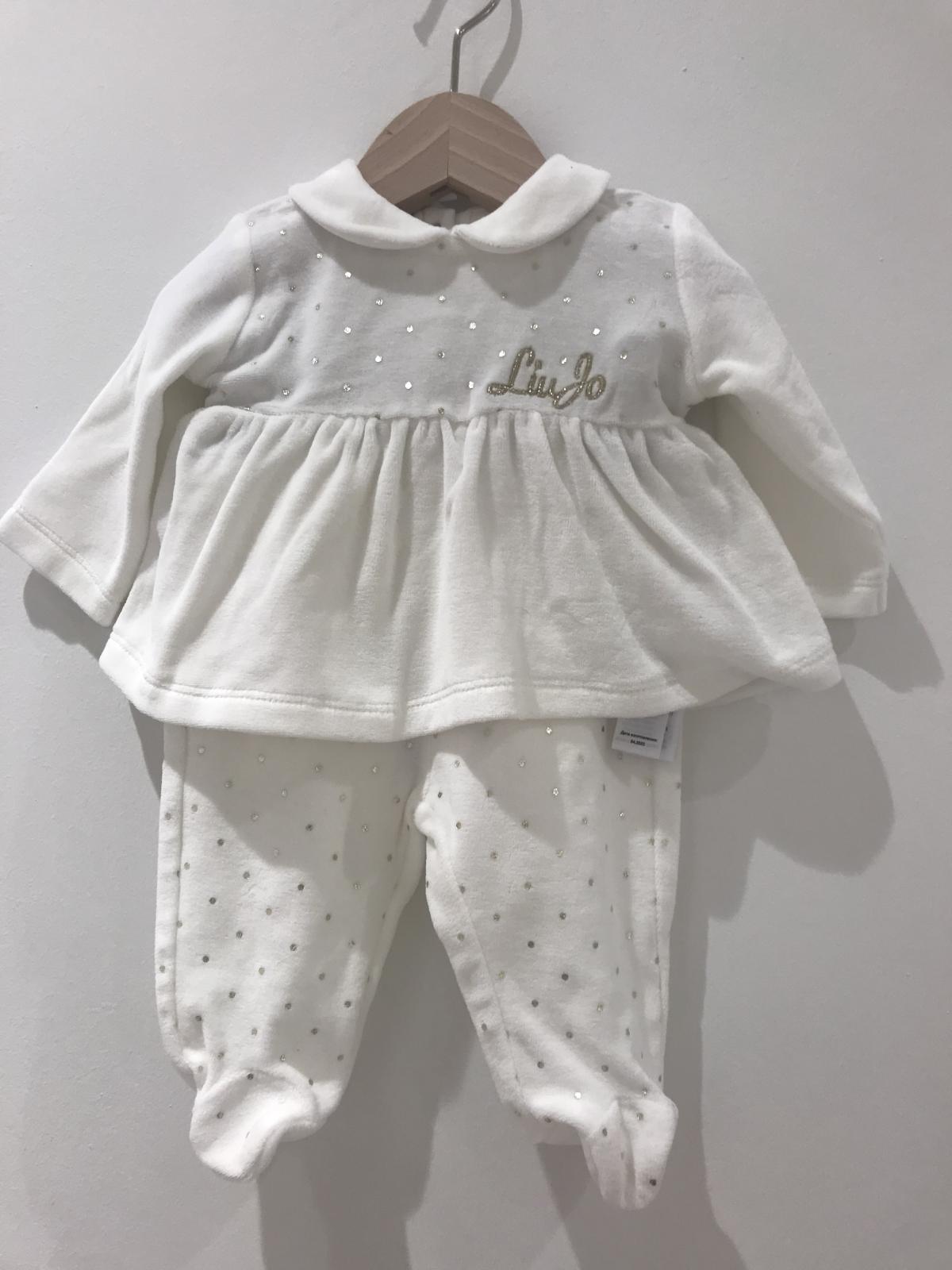 Babypakje 2-delig - met voetjes - met gouden stippen op broek en jurkje - in fluweel - Ecru