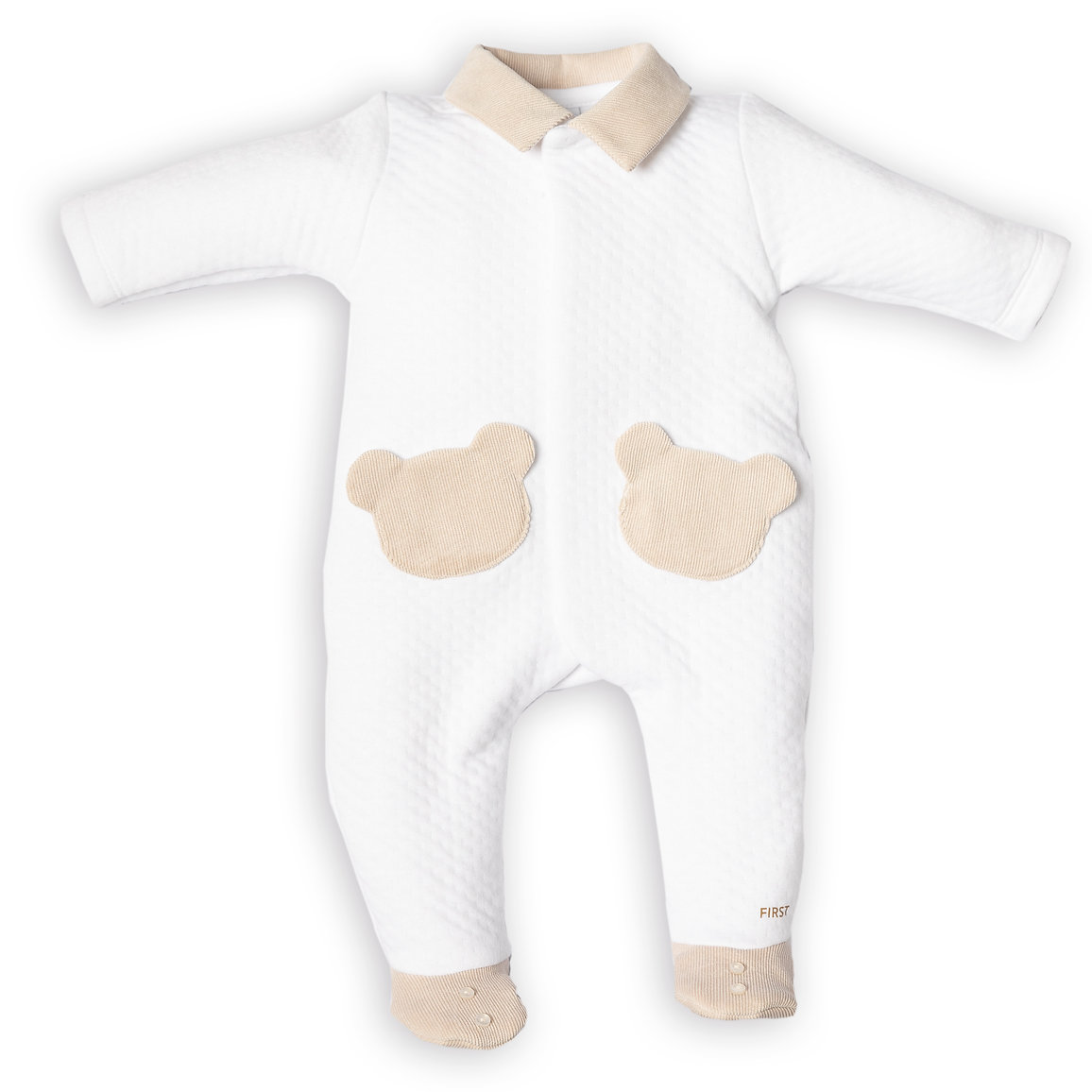 Babypakje - met voetjes - met 2 zakjes en kraagje in ribfluweel - Wit/Beige