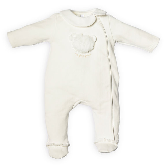 Babypakje - met voetjes - met Teddyhoofje in pels - Schuine sluiting - Offwhite