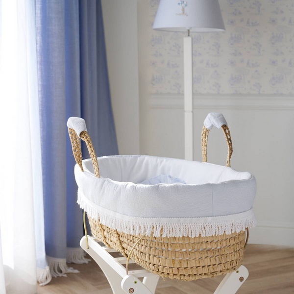 Blue Garden Party - Rieten reiswieg + Aankleding met franjes - BLauw/Wit
