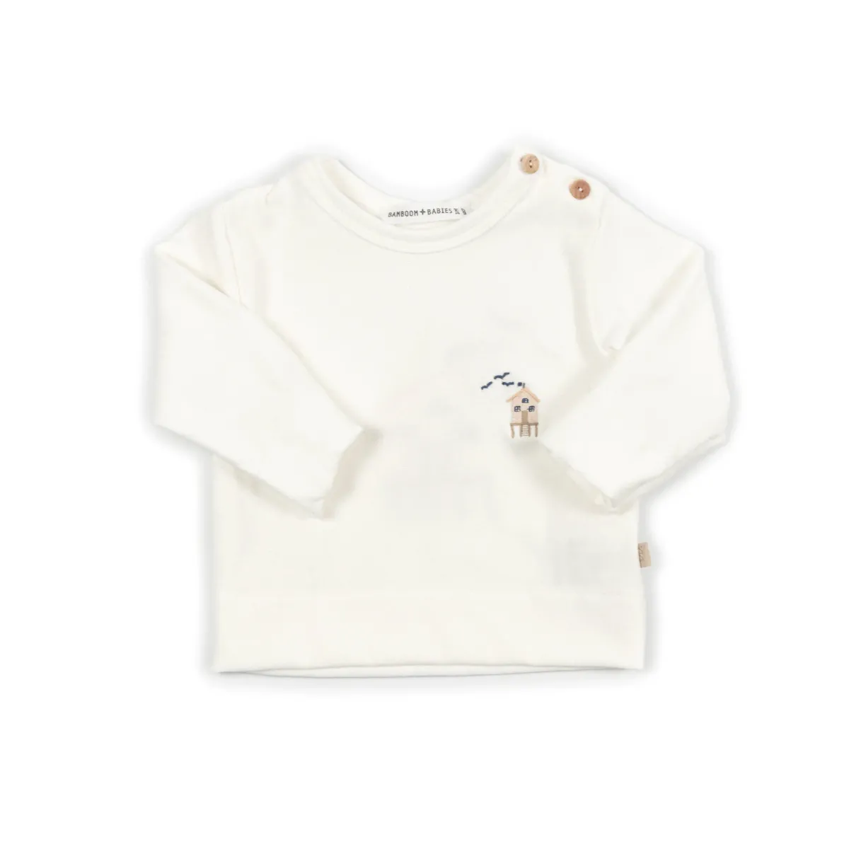 T-shirt - lange mouwen - met schouderopening - geborduurd huisje - Offwhite