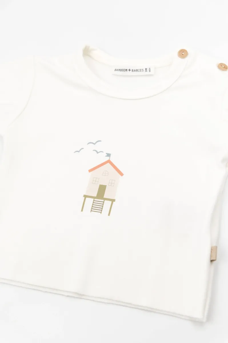 T-shirt -korte mouwen - met print "huisje" - Offwhite